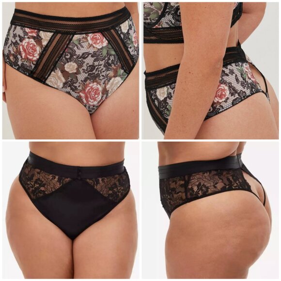 NWT Torrid 3 Black Satin Lace & Mesh Floral Cutout Back Thong Panties 3X 22 24 - Picture 1 of 15